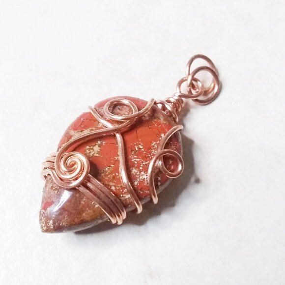 Hand Crafted Jewelry - Red & Brown Jasper Pendant - Copper Wire Wrapped Bail